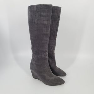 B Brian Atwood Bomand Croc Embossed Wedge Knee Boots Size 5.5 Dark Grey
